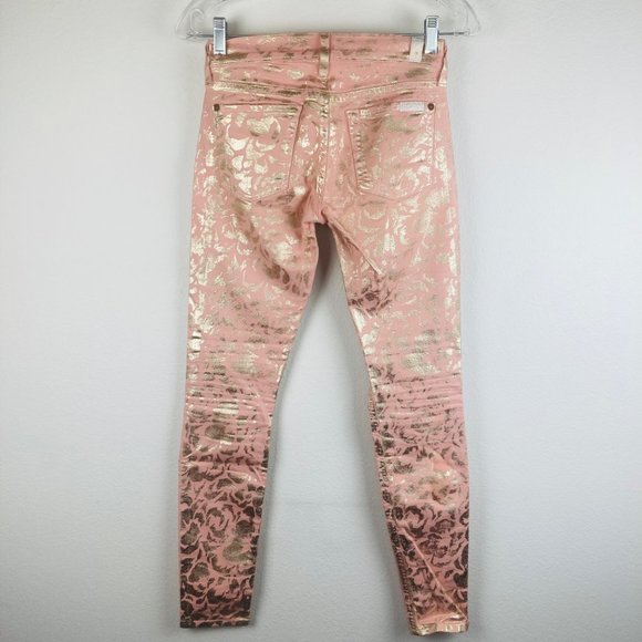 Jeans 7For All Mankind Pink Gold Leopard Print Jeans Low Rise 24 Waist SkinnyLeg - Picture 5 of 8